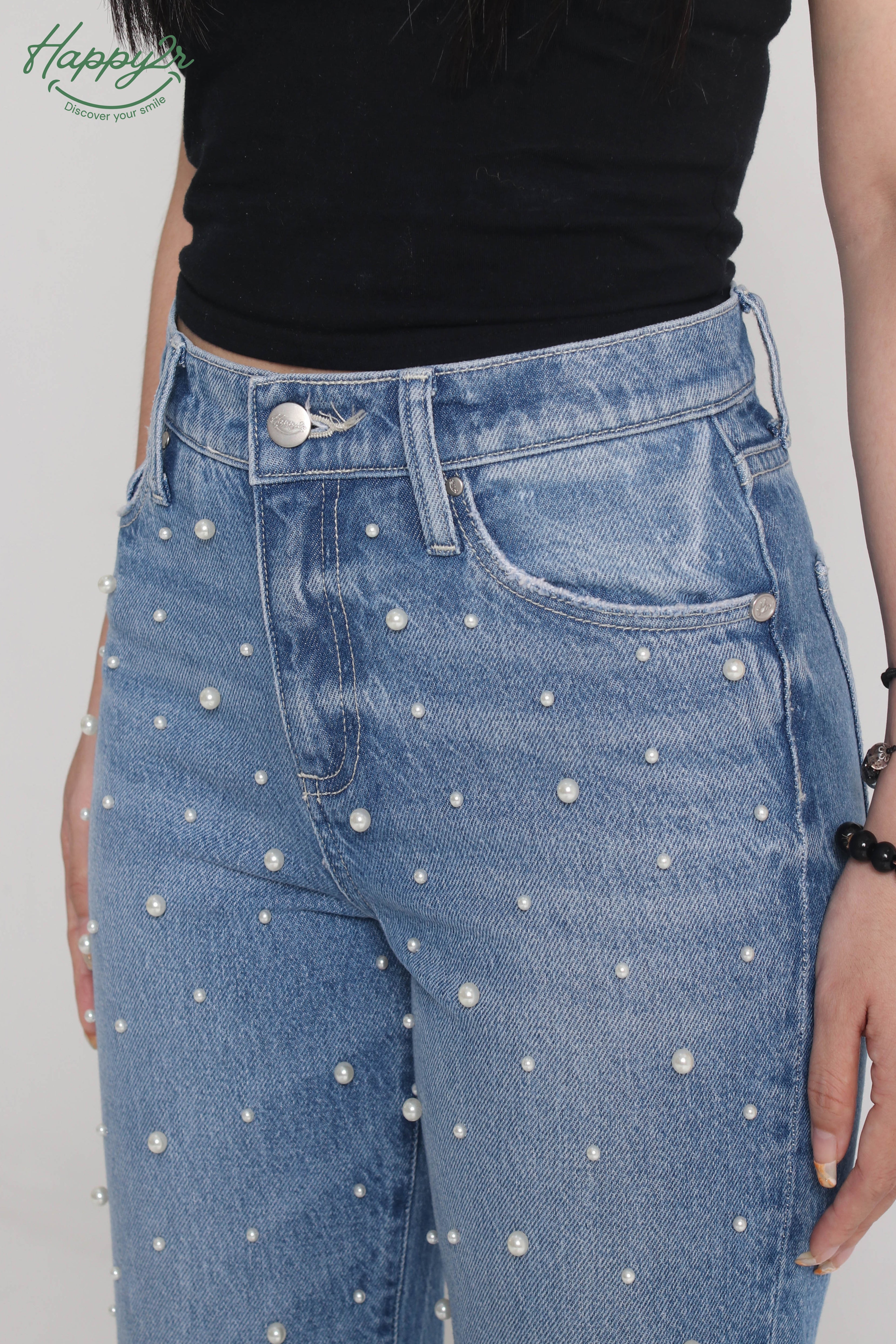 Super High-Rise Medium Wash Wide-Leg Embellished Jeans